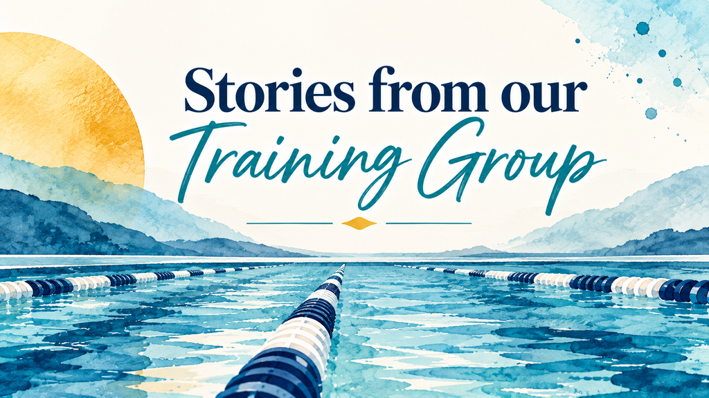 Abstract outdoor lap lanes and the text: Stories from our Training Group
